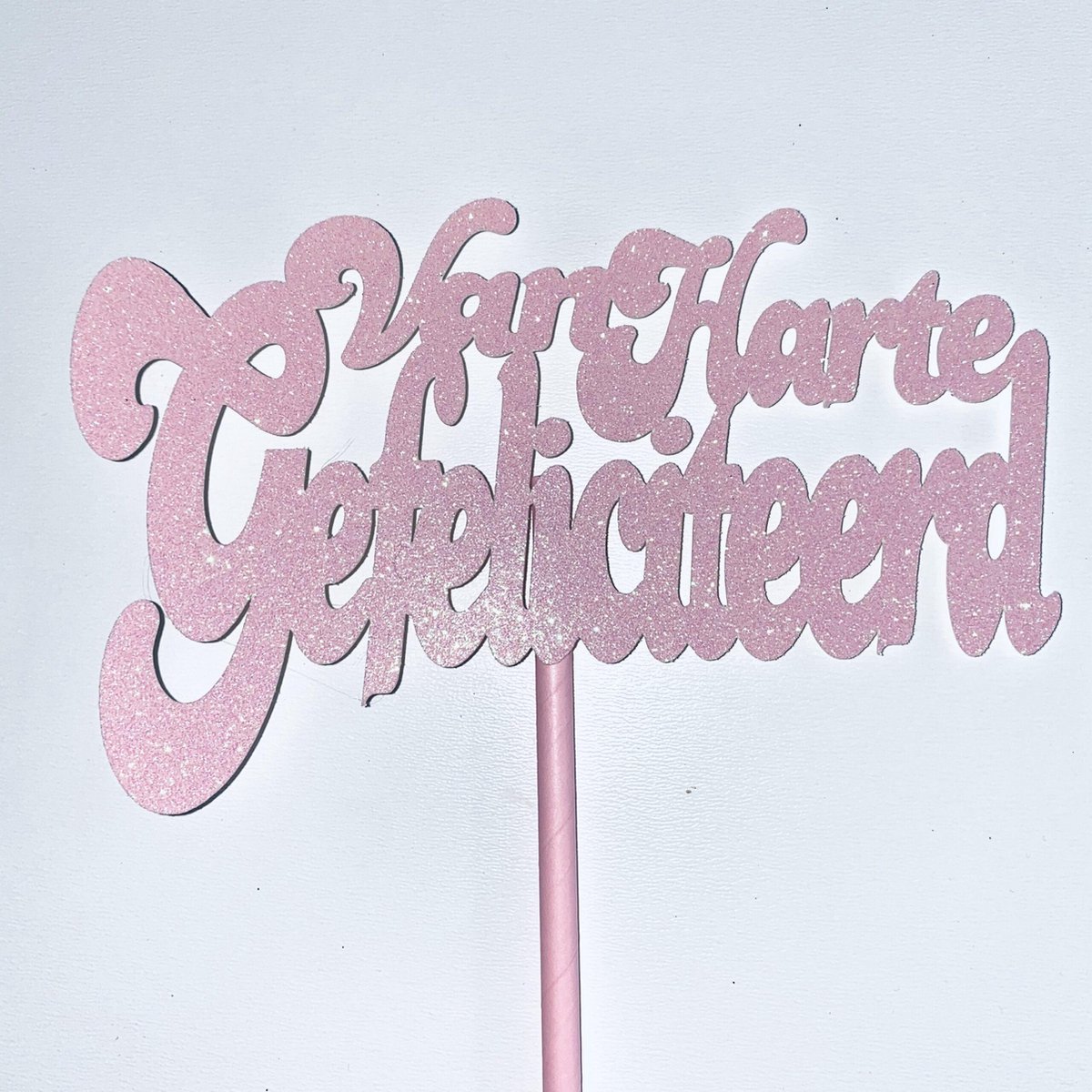 Taarttopper| Cake topper |Gefeliciteerd| Verjaardag| Licht roze glitter|16 cm| karton